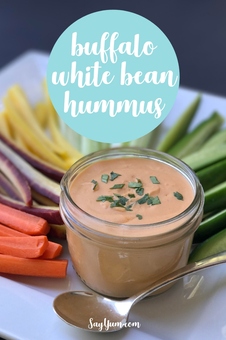 buffalo white bean hummus recipe say yum with vegetables on party tray